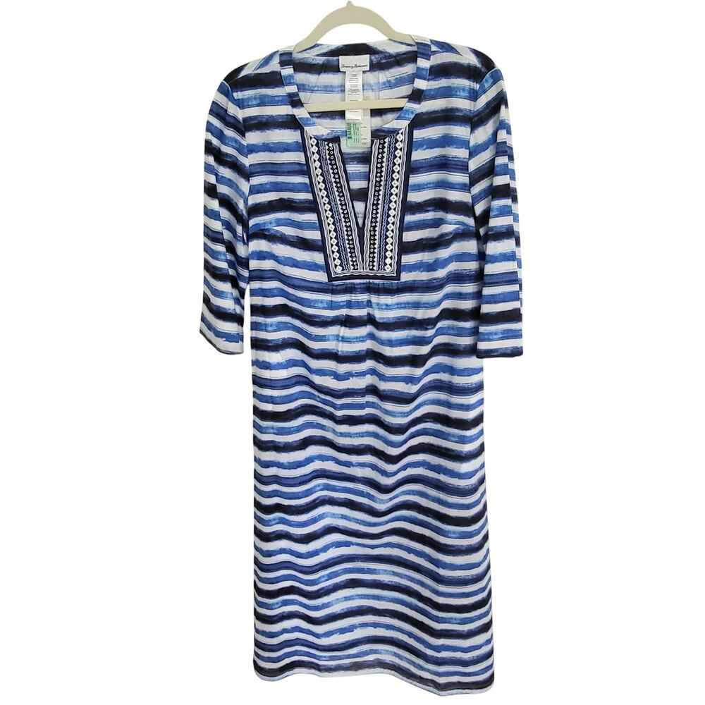 Tommy Bahama Rio Stripe Midi Dress Blue White Sequin V Neck Semi Sheer Small